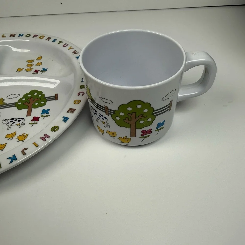 Melamine Ware Children's Divided Plate Cup Bowl‎ Farm Animals Tree Alphabet